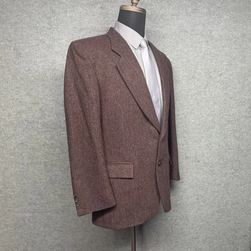 Brookcraft Mens Tweed Sport Coat Blazer Maroon Herringbone USA 46R Wool Look
